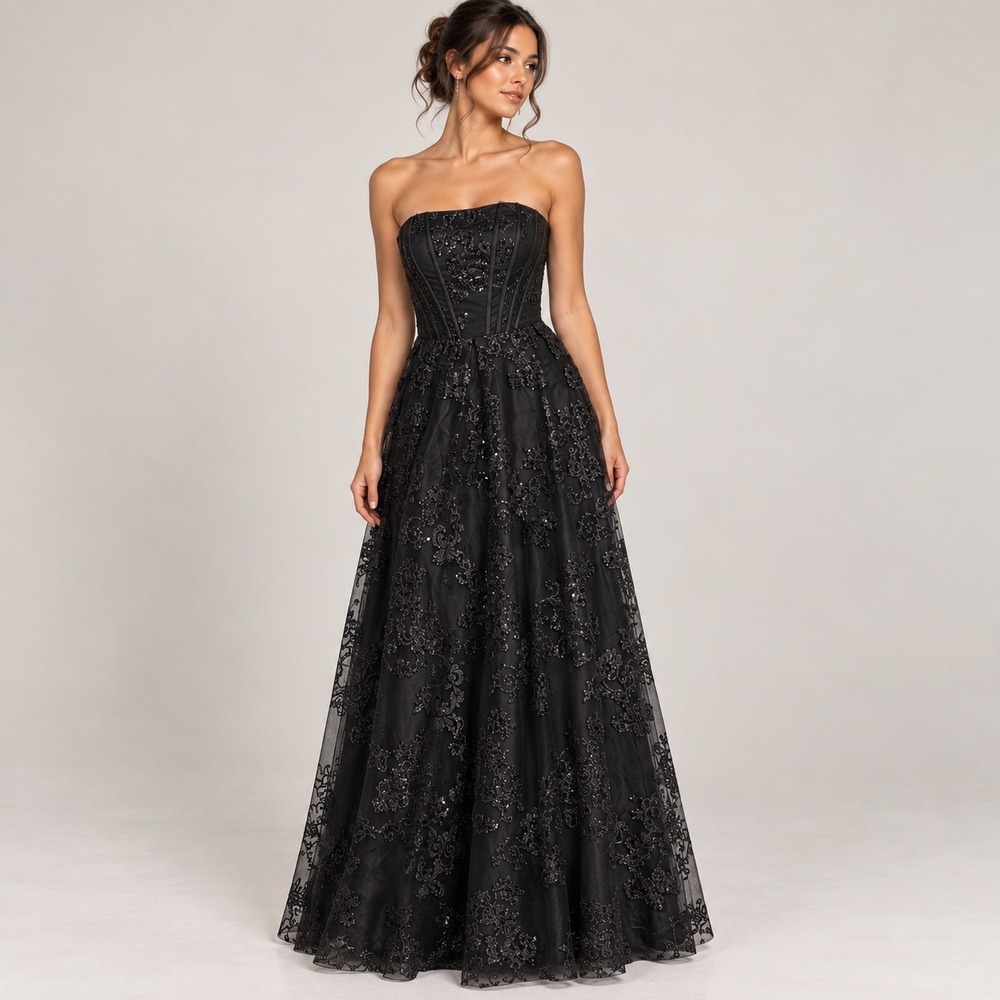 Blondie Nites Black Sequin Floral Corset Gown Dress Prom Whimsigoth Formal Party